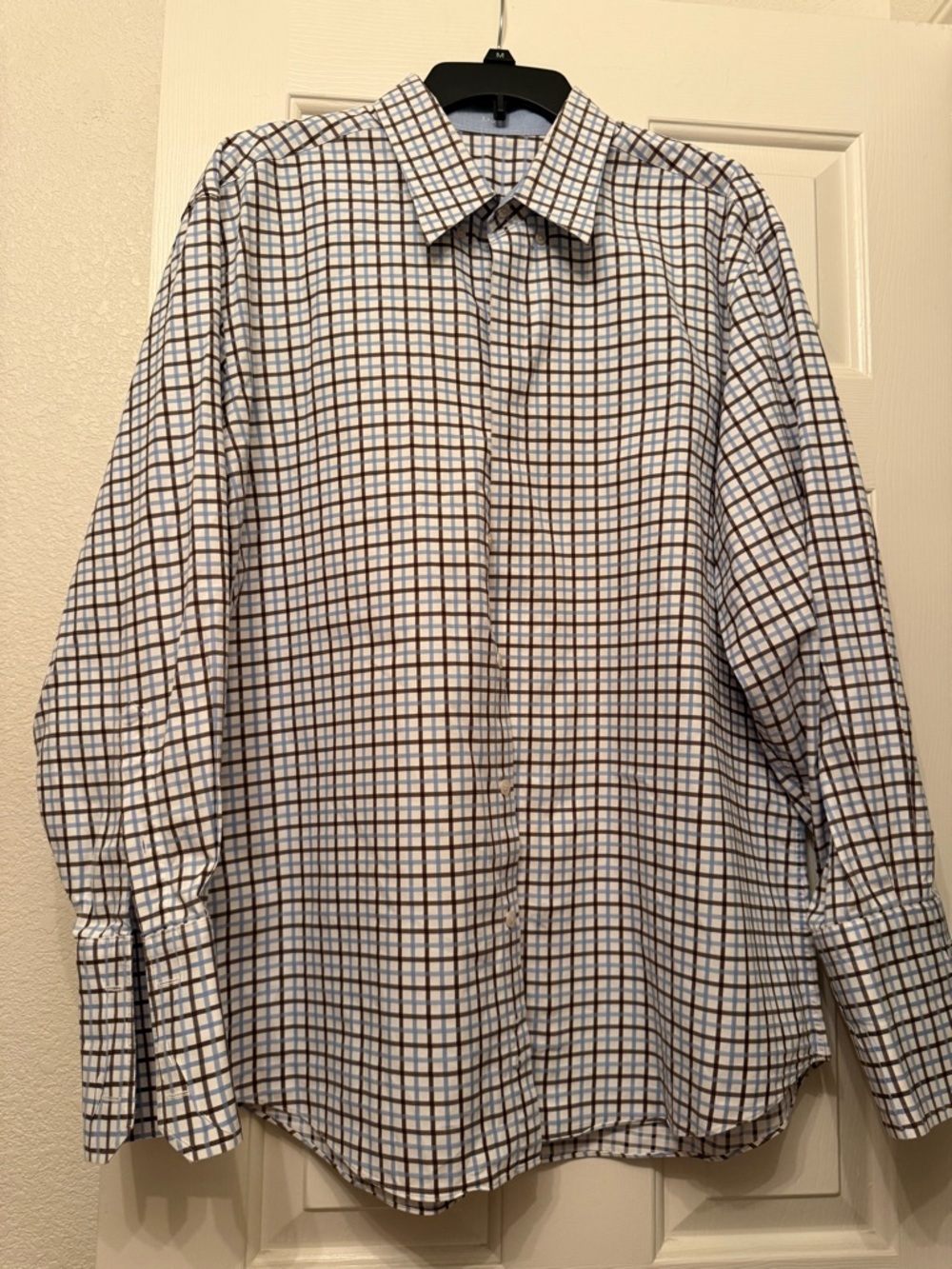 Men's White Checked Dress Shirt with Brown and Blue Grid